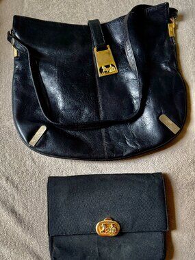 VINTAGE CELINE PARIS BLACK LEATHER SHOULDER BAG + CANVAS POUCH — GOLD HARDWARE